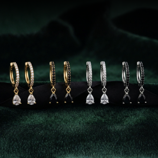 Boucles d’oreilles Huggies gouttes argent sterling, créoles pavées et gouttes cristal
