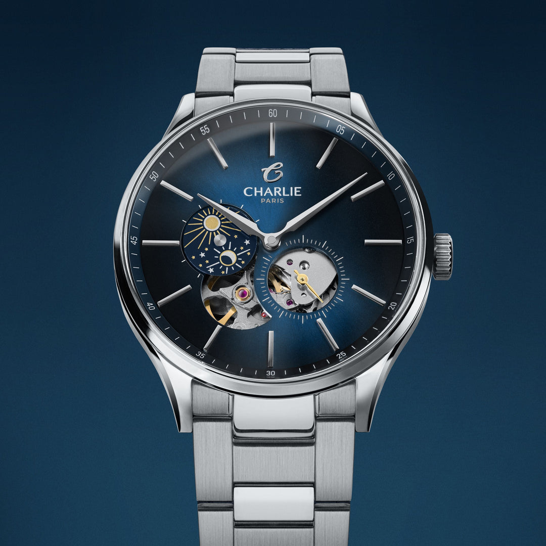 Montre Charlie Paris INITIAL Open Heart Jour/Nuit - Bleu 40 mm