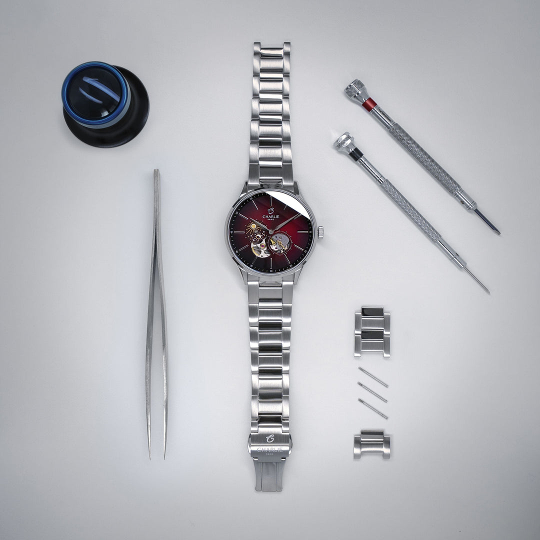 Montre Charlie Paris INITIAL Open Heart Jour/Nuit - Bordeaux 40 mm