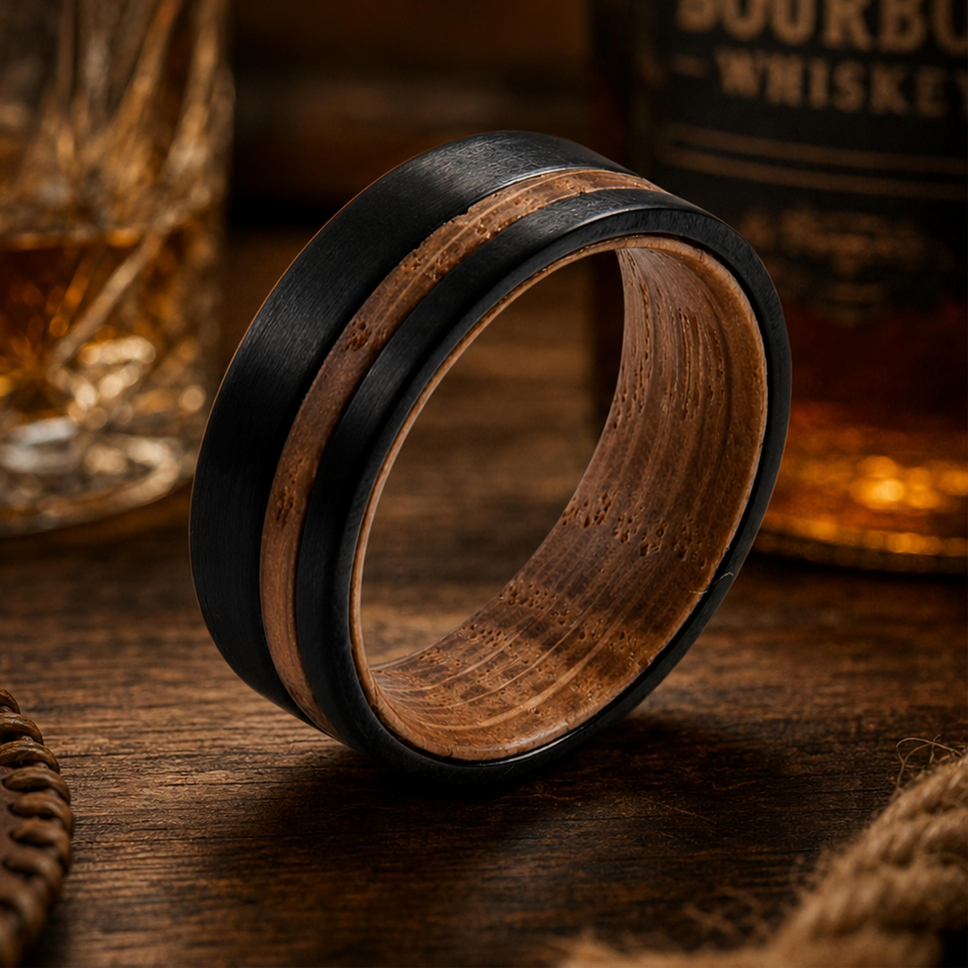 Bague en tungstène plaqué noir avec insert en bois de whisky