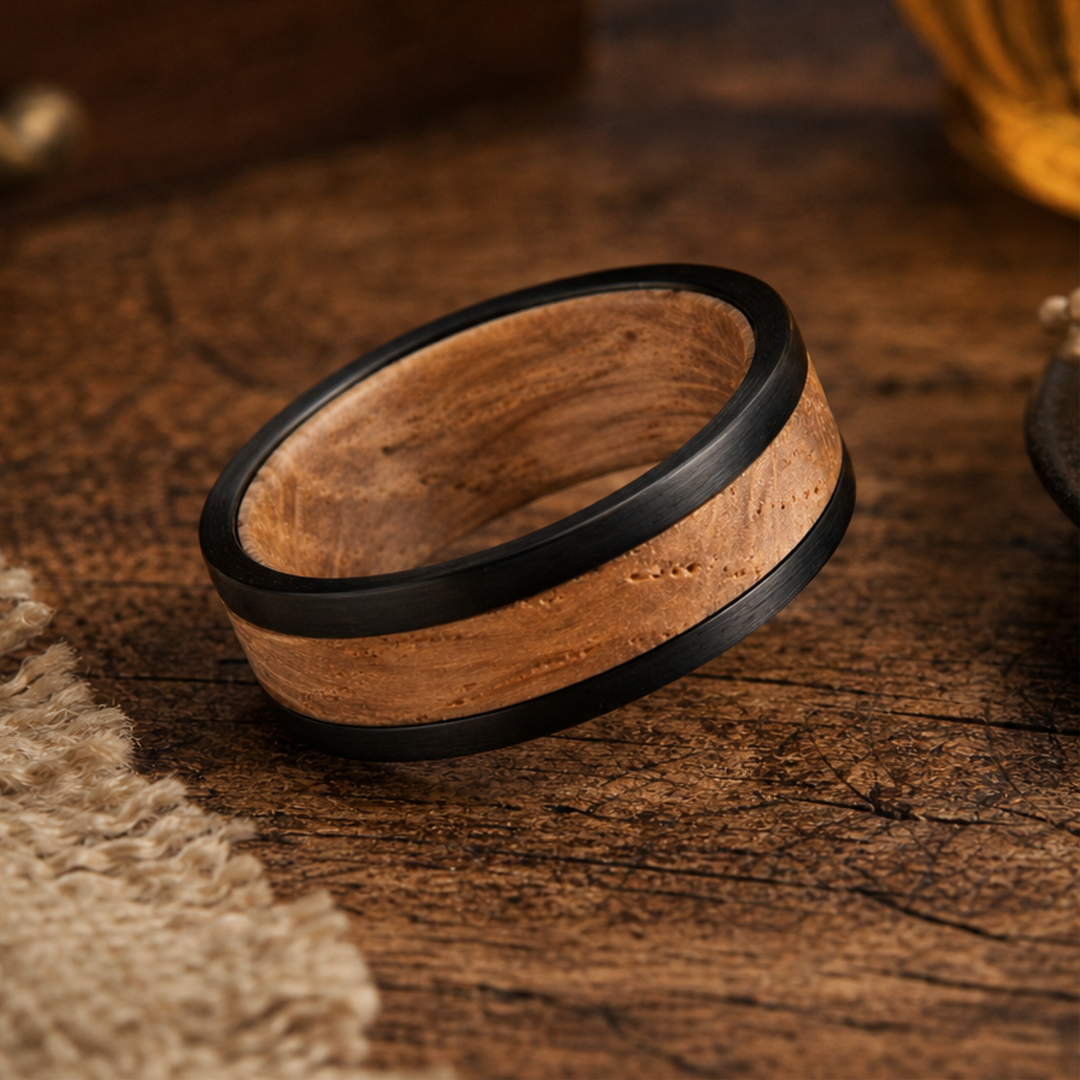 Bague en bois de whisky et tungstène