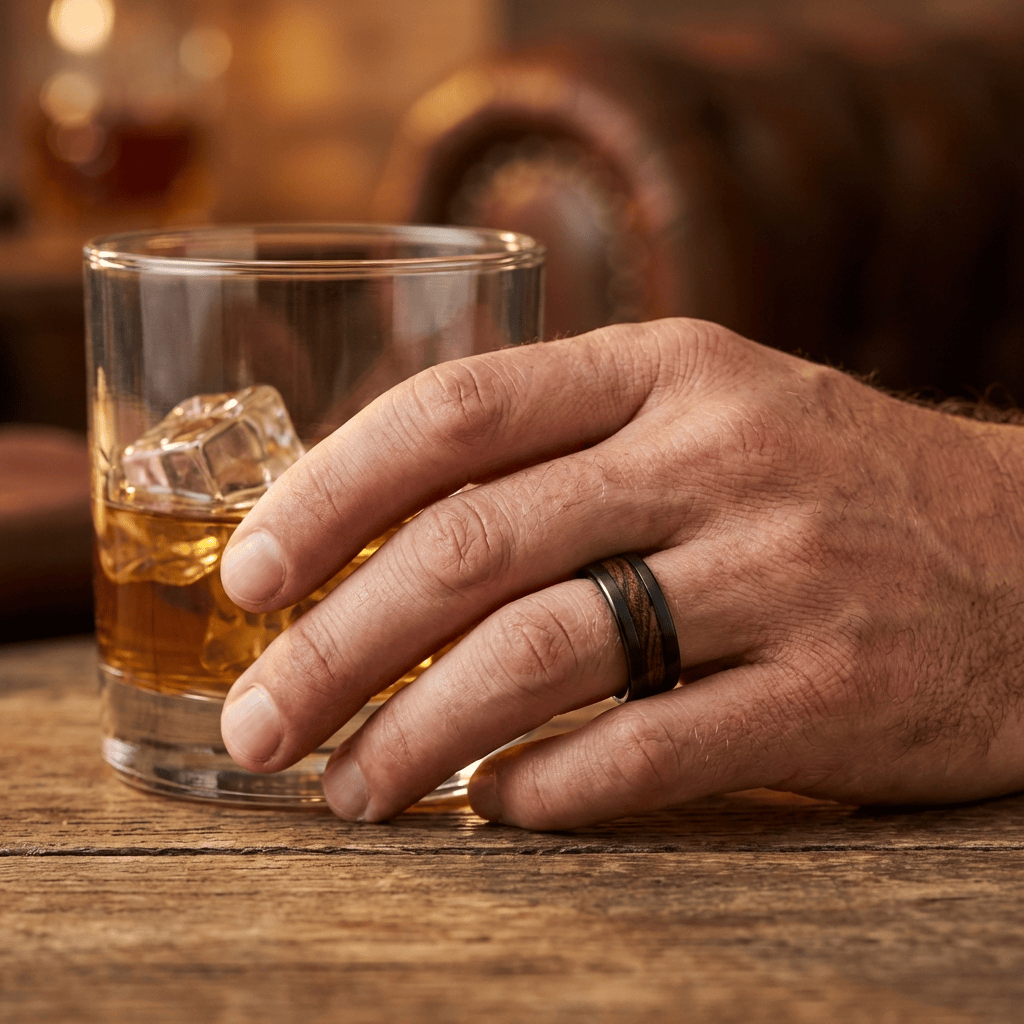 Roadtripmadewood Bagues Bague en tungstène et bois de whisky + ébène