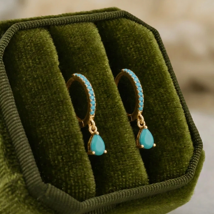 Paire de boucles d’oreilles créoles argent Huggies, rang turquoise et goutte