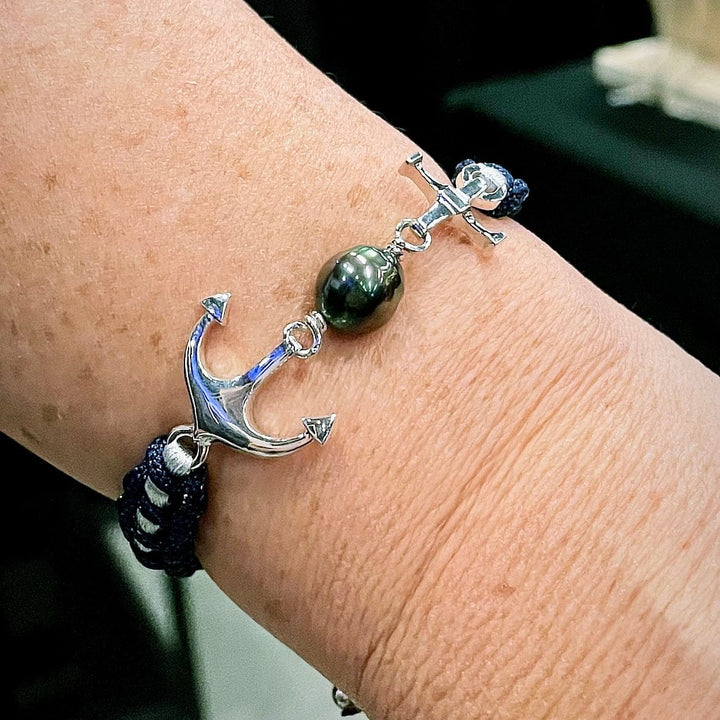 Tereva Colas Bracelets Bracelet Ancre marine macramé, argent sterling et perle de Tahiti