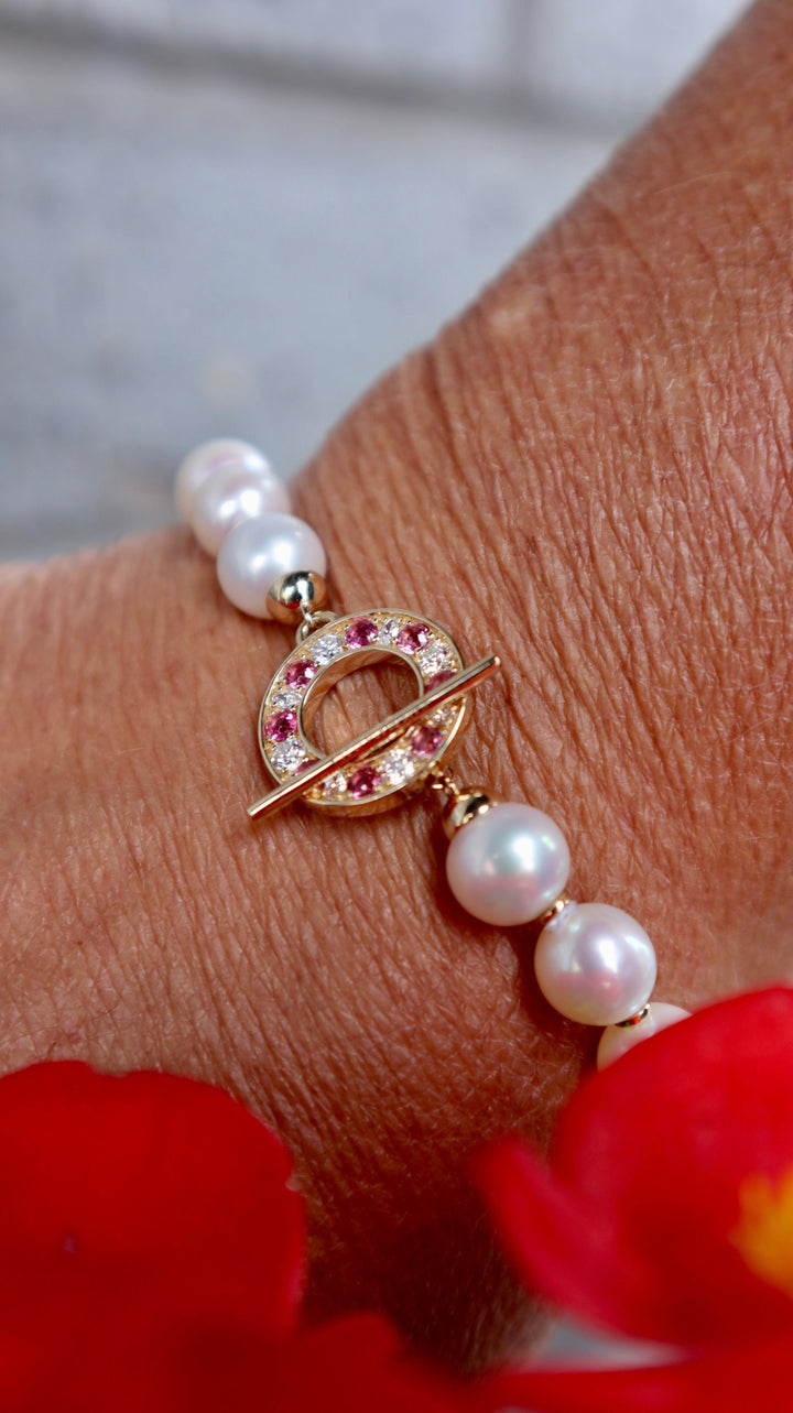 Mathieu Blanchard Colliers Or 14K / 7 pouces Bracelet de perles d'eau douce, or 14K serti de tourmalines et diamants