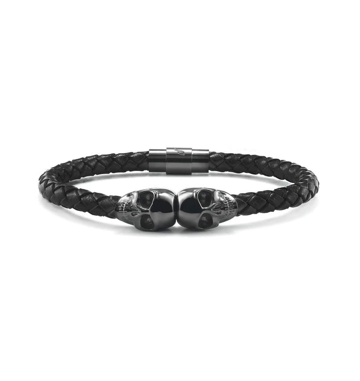SkeletonHD Bracelets 7.5 pouces / Noir Bracelet Double tête de mort en cuir
