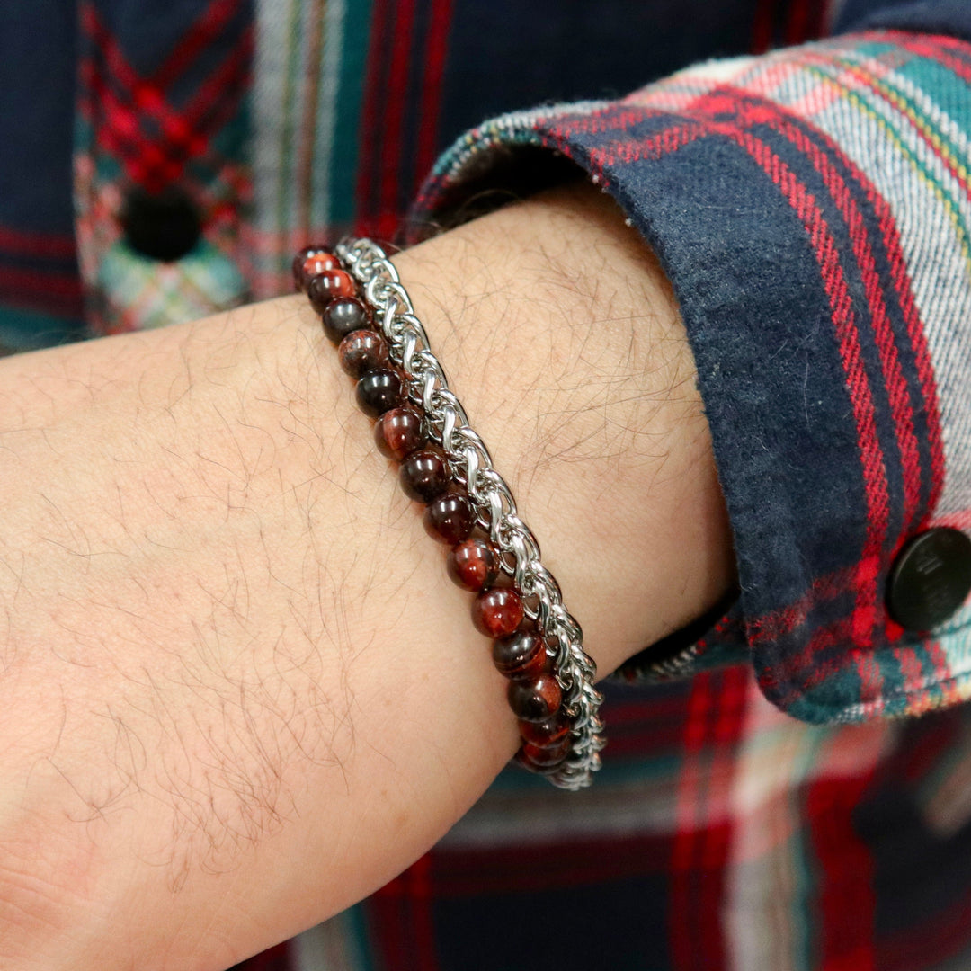 Mathieu Blanchard Bracelets Bracelet Stone en acier et oeil de tigre rouge