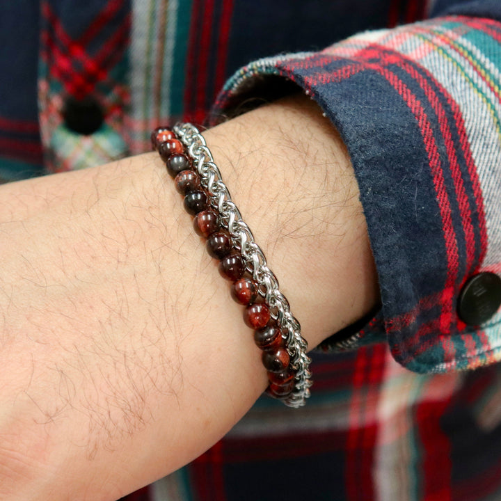 Mathieu Blanchard Bracelets Bracelet Stone en acier et oeil de tigre rouge