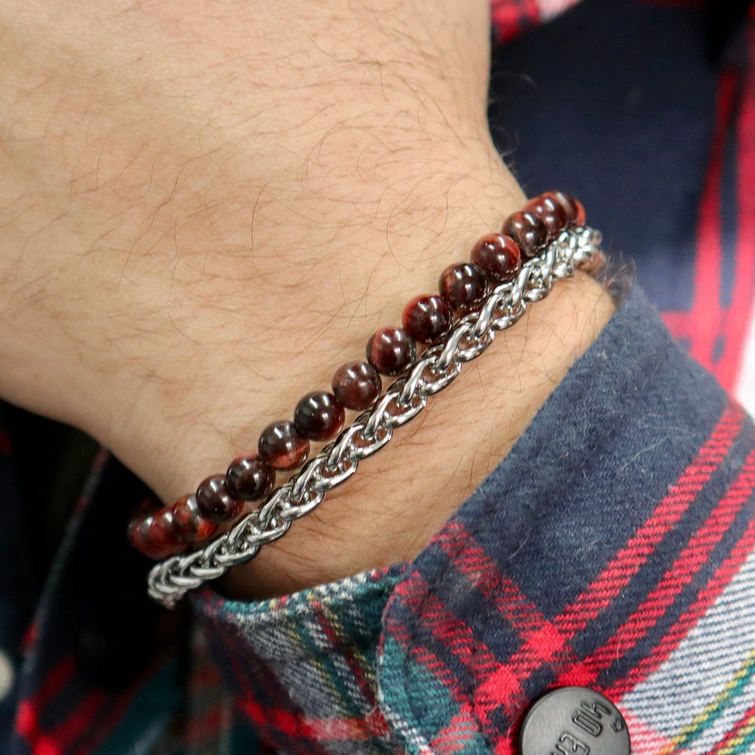 Mathieu Blanchard Bracelets Bracelet Stone en acier et oeil de tigre rouge