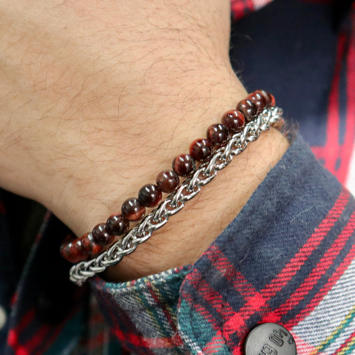 Mathieu Blanchard Bracelets Bracelet Stone en acier et oeil de tigre rouge