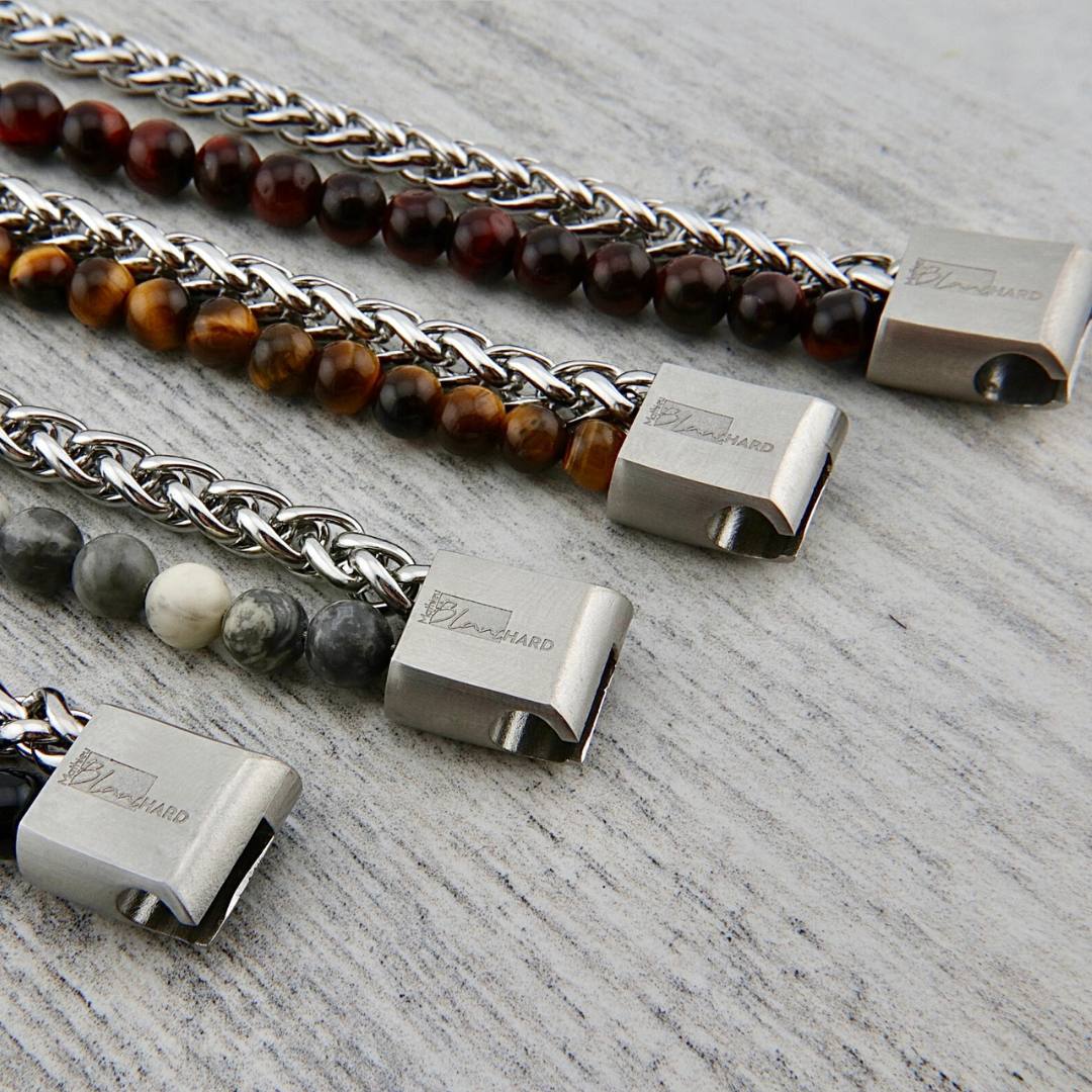 Mathieu Blanchard Bracelets Bracelet Stone en acier et oeil de tigre rouge