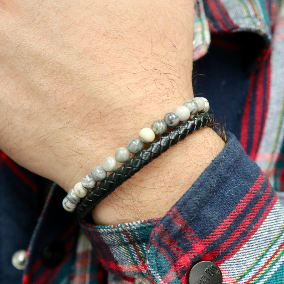 Mathieu Blanchard Bracelets Bracelet Stone en cuir, acier et jaspe
