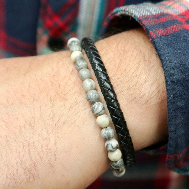 Mathieu Blanchard Bracelets Bracelet Stone en cuir, acier et jaspe