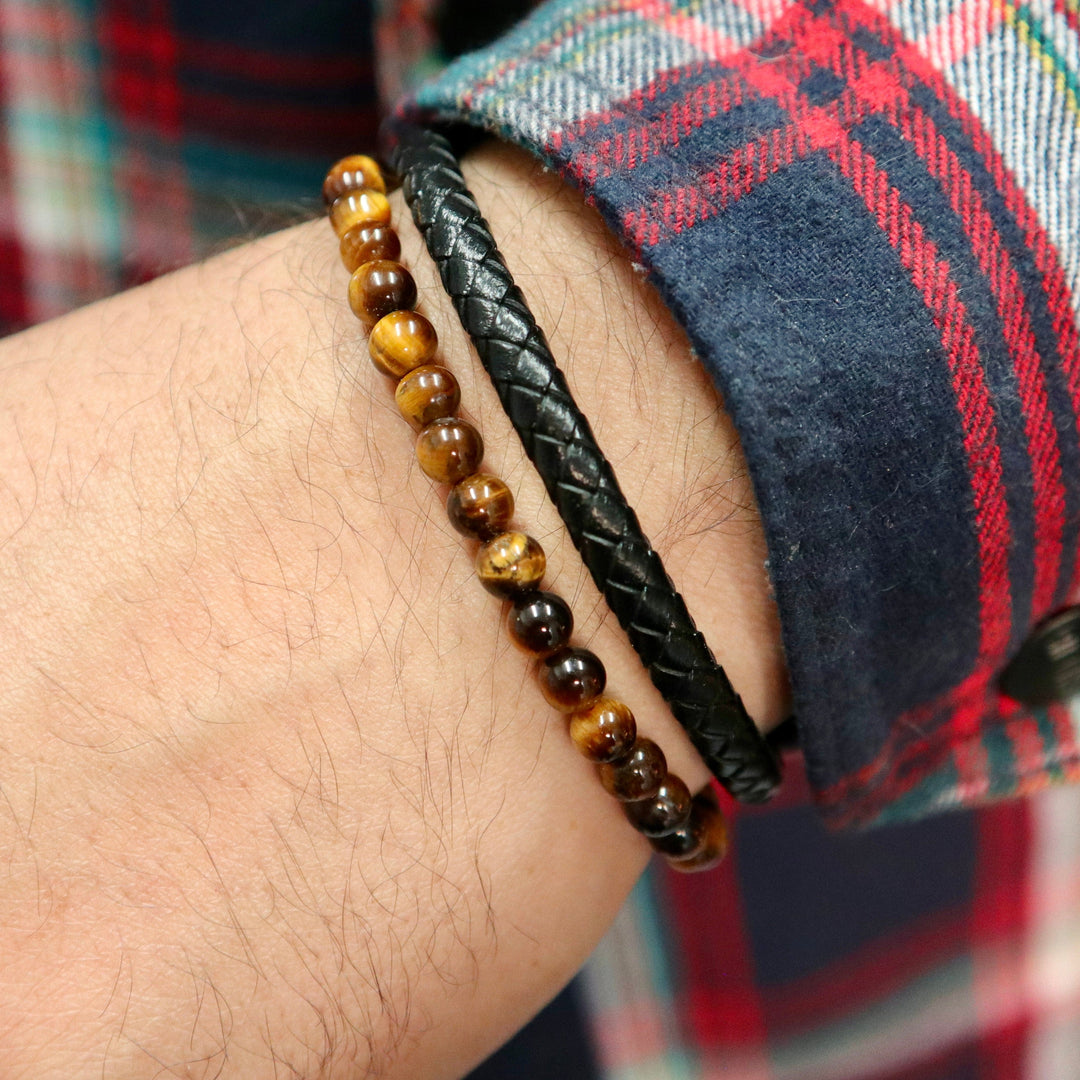 Mathieu Blanchard Bracelets Bracelet Stone en cuir, acier et oeil de tigre