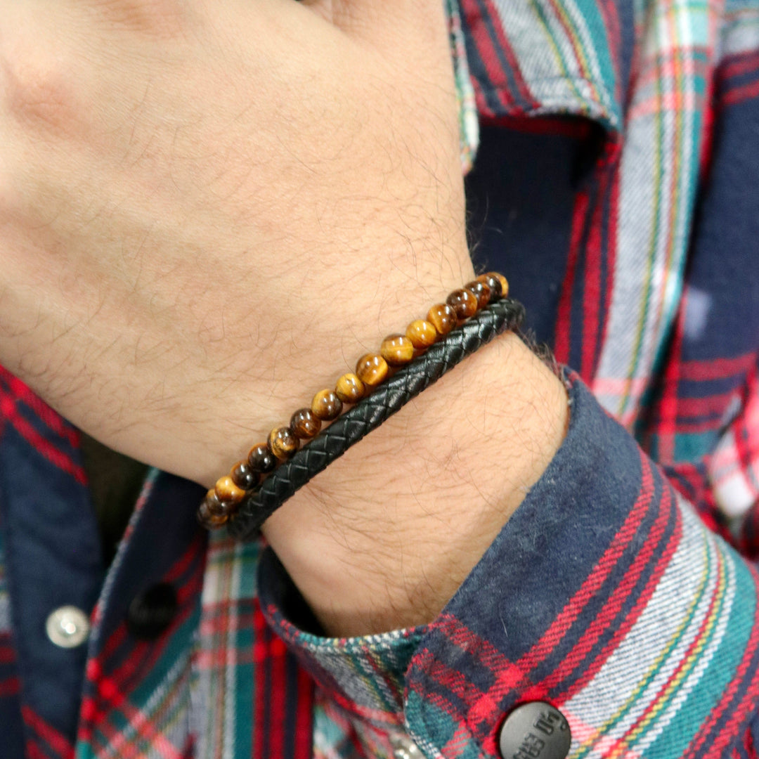 Mathieu Blanchard Bracelets Bracelet Stone en cuir, acier et oeil de tigre