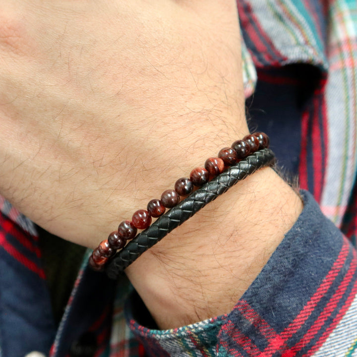 Mathieu Blanchard Bracelets Bracelet Stone en cuir, acier et oeil de tigre rouge