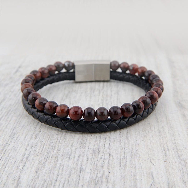 Mathieu Blanchard Bracelets Bracelet Stone en cuir, acier et oeil de tigre rouge