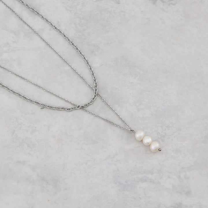 Collier Cadence en acier inoxydable Mathieu Blanchard collier Acier inoxydable PCOAM13038S Collier Double avec perle baroque en acier | Mathieu Blanchard Mathieu Blanchard Joaillerie