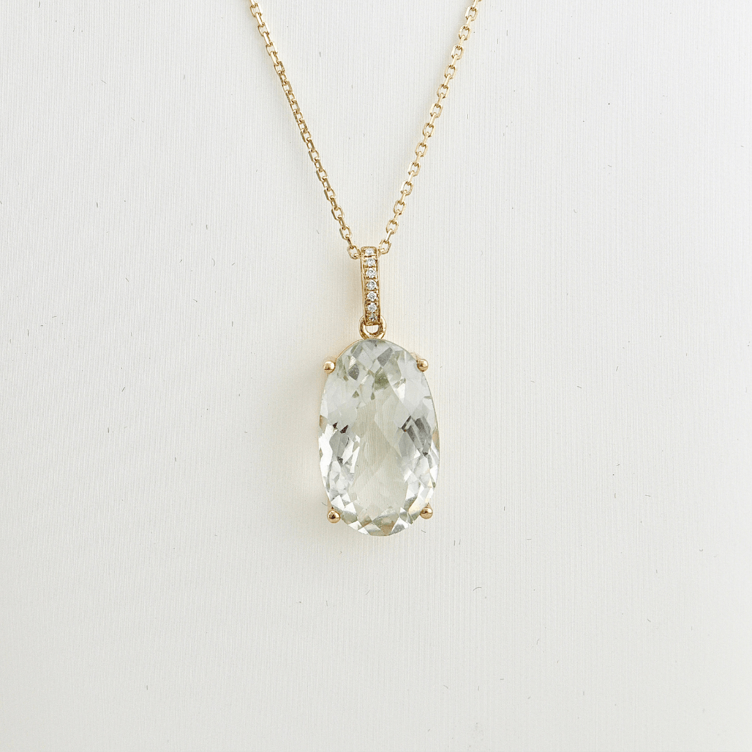 Collier, diamants et améthyste verte en or 14k Mathieu Blanchard Collier Or jaune 14K Collier en or 14K, perle, diamants et améthyste | Mathieu Blanchard Mathieu Blanchard Joaillerie