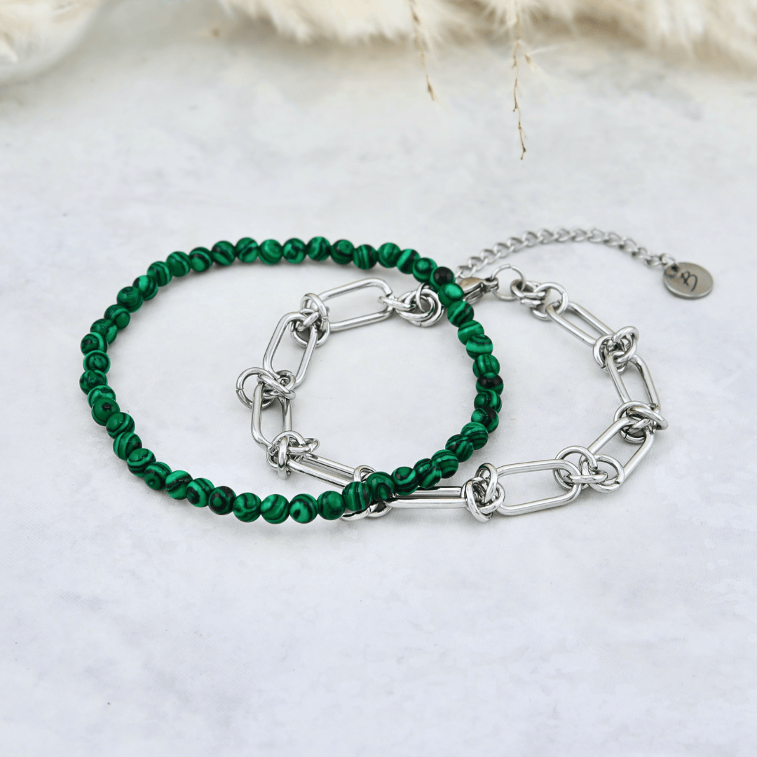 Duo de bracelets Malachite et en acier inoxydable Mathieu Blanchard Bracelets Acier inoxydable Duo de bracelets pour homme Malachite acier inox | Mathieu Blanchard Mathieu Blanchard Joaillerie