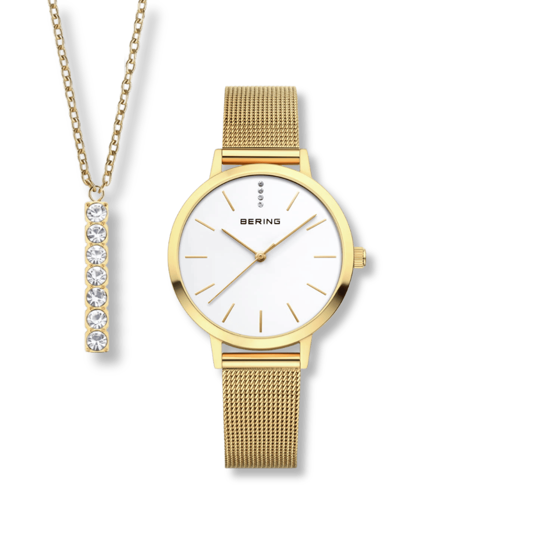 Ensemble cadeau Montre Bering Classic34mm 13434 334 GWP Bering Montre Acier inoxydable plaqué or jaune 13434-334-GWP Ensemble cadeau Montre Bering Classic Or 34mm 13434-334-GWP - Mathieu Blanchard - Dépositaire officiel Bering Canada Mathieu Blanchard Joaillerie
