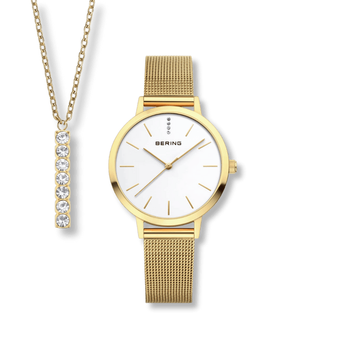 Ensemble cadeau Montre Bering Classic34mm 13434 334 GWP Bering Montre Acier inoxydable plaqué or jaune 13434-334-GWP Ensemble cadeau Montre Bering Classic Or 34mm 13434-334-GWP - Mathieu Blanchard - Dépositaire officiel Bering Canada Mathieu Blanchard Joaillerie