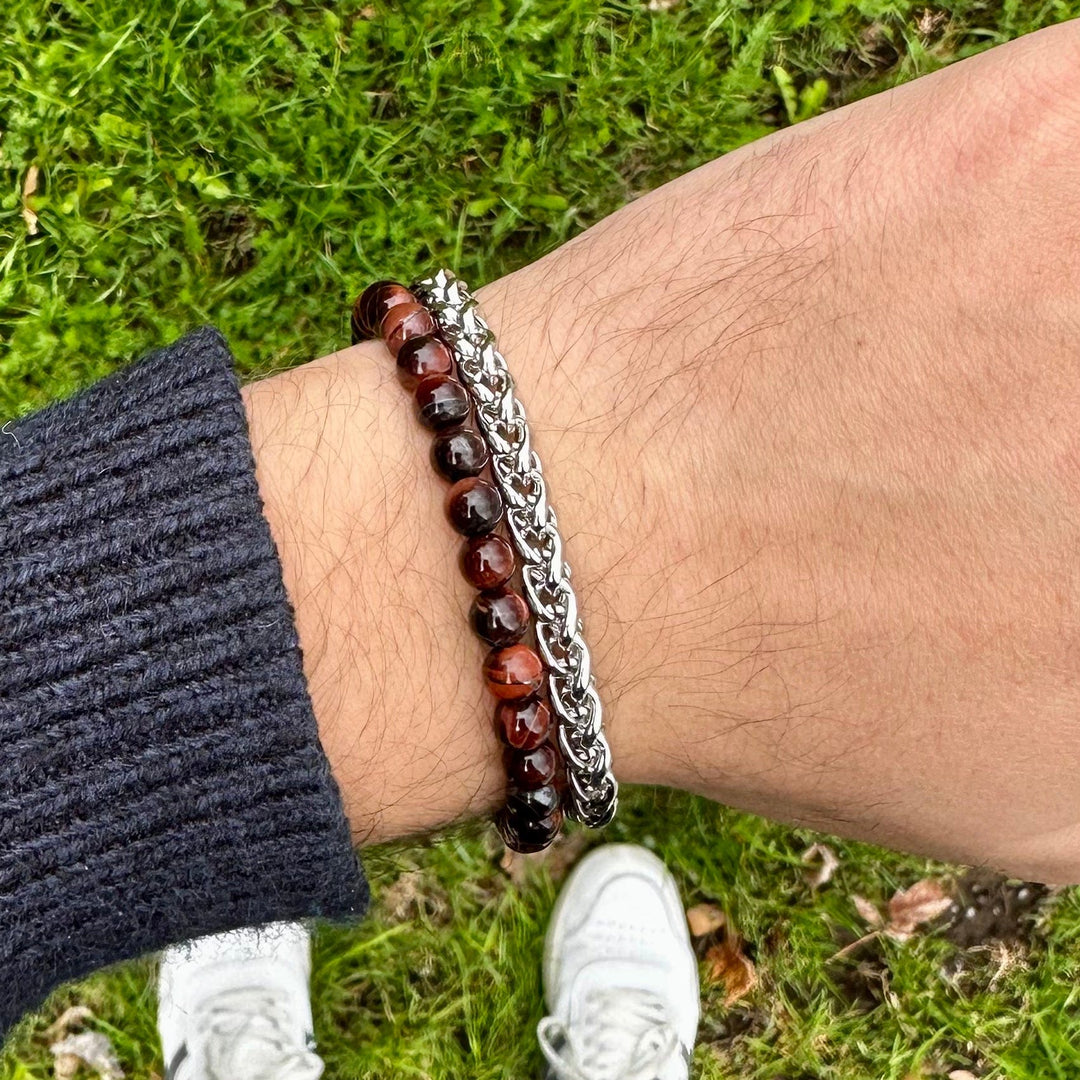 Mathieu Blanchard Bracelets Bracelet Stone en acier et oeil de tigre rouge