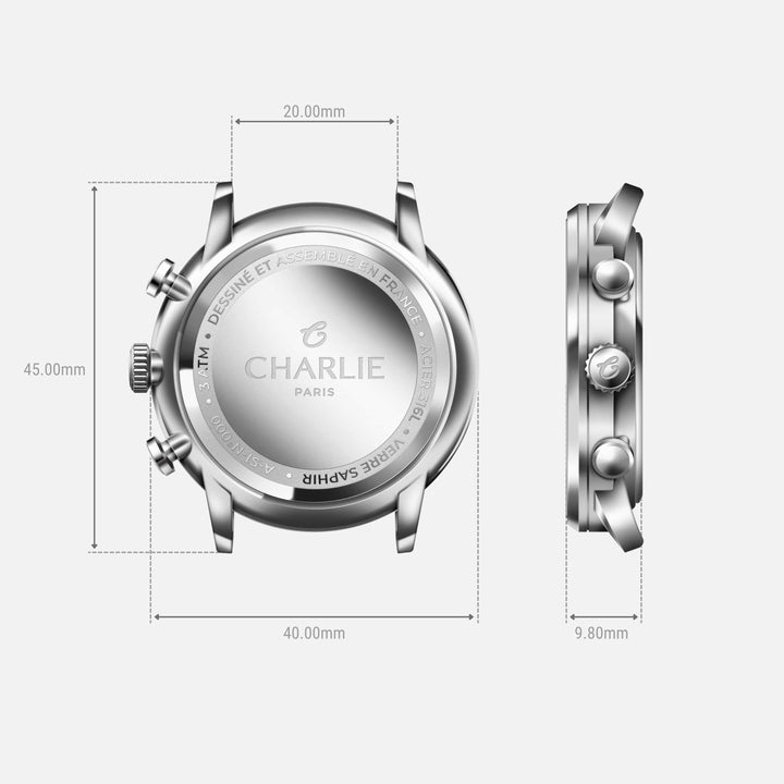 Montre Charlie Paris HORIZON Chronographe Bleu 39 mm en acier inoxydable Charlie Paris Montre Montre Charlie Paris HORIZON Chronographe - Bleu 39 mm | Dépositaire Officiel Canada | Mathieu Blanchard Joaillerie Mathieu Blanchard Joaillerie