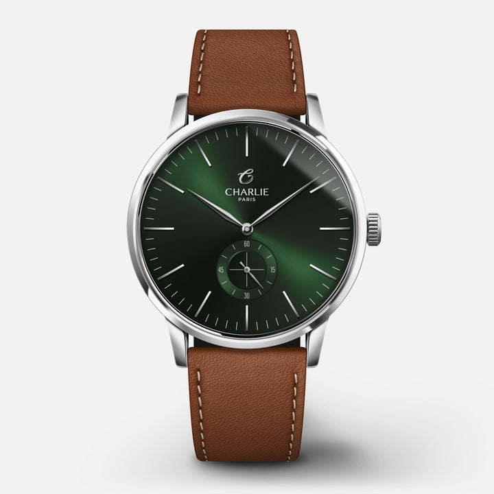 Montre Charlie Paris HORIZON Vert 39 mm en acier inoxydable Charlie Paris Montre Cuir brun / Acier inoxydable HOR-39-006 / B20-101-A Montre Charlie Paris HORIZON Vert 39 mm | Dépositaire Officiel Canada | Mathieu Blanchard Joaillerie Mathieu Blanchard Joaillerie