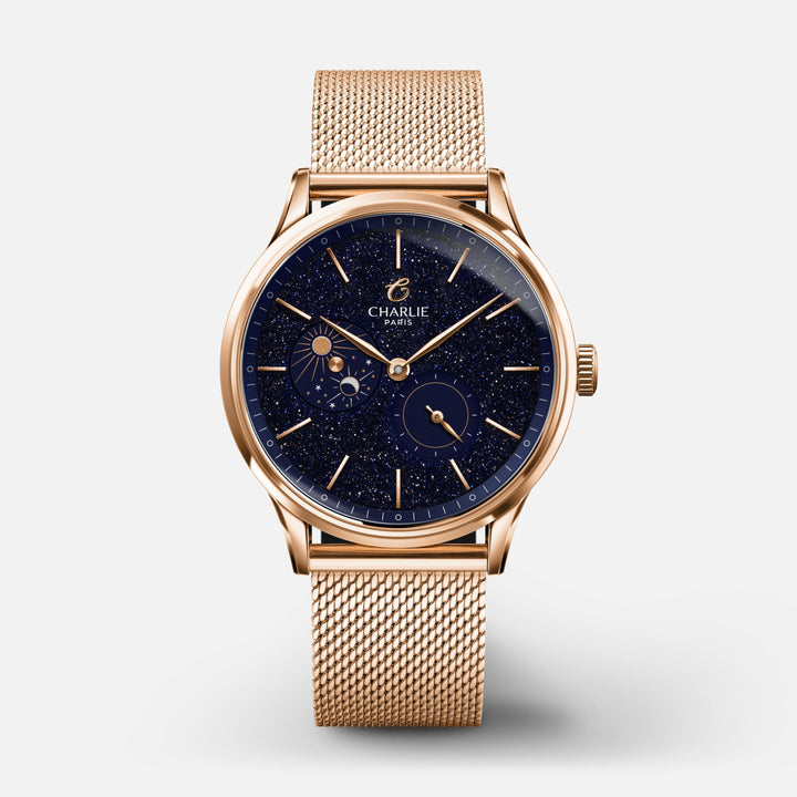 Montre Charlie Paris INITIAL 36 Jour/Nuit Aventurine Rose36 mm en acier inoxydable Charlie Paris Montre Maille milanaise / Acier inoxydable IDN-36-002 / B18-M-B Montre Charlie Paris INITIAL 36 Jour/Nuit - Aventurine Rose Or 36 mm | Dépositaire Officiel Canada | Mathieu Blanchard Joaillerie Mathieu Blanchard Joaillerie
