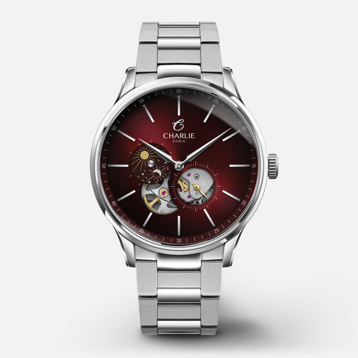 Charlie Paris Montre 3-link stainless steel / Acier inoxydable Montre Charlie Paris INITIAL Open Heart Jour/Nuit Bordeaux 40 mm en acier inoxydable