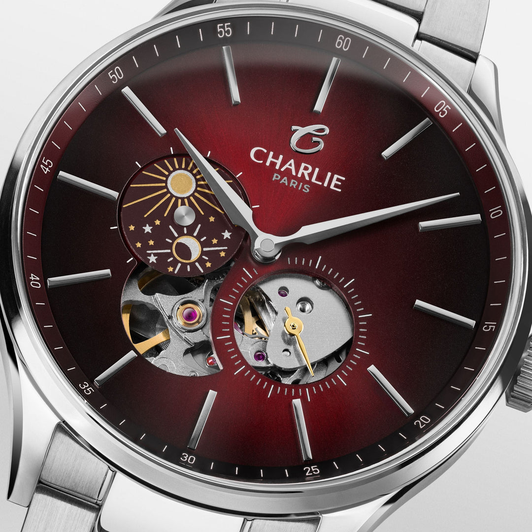 Montre Charlie Paris INITIAL Open Heart Jour/Nuit Bordeaux 40 mm en acier inoxydable Charlie Paris Montre Montre Charlie Paris INITIAL Open Heart Jour/Nuit - Bordeaux 40 mm | Dépositaire Officiel Canada | Mathieu Blanchard Joaillerie Mathieu Blanchard Joaillerie