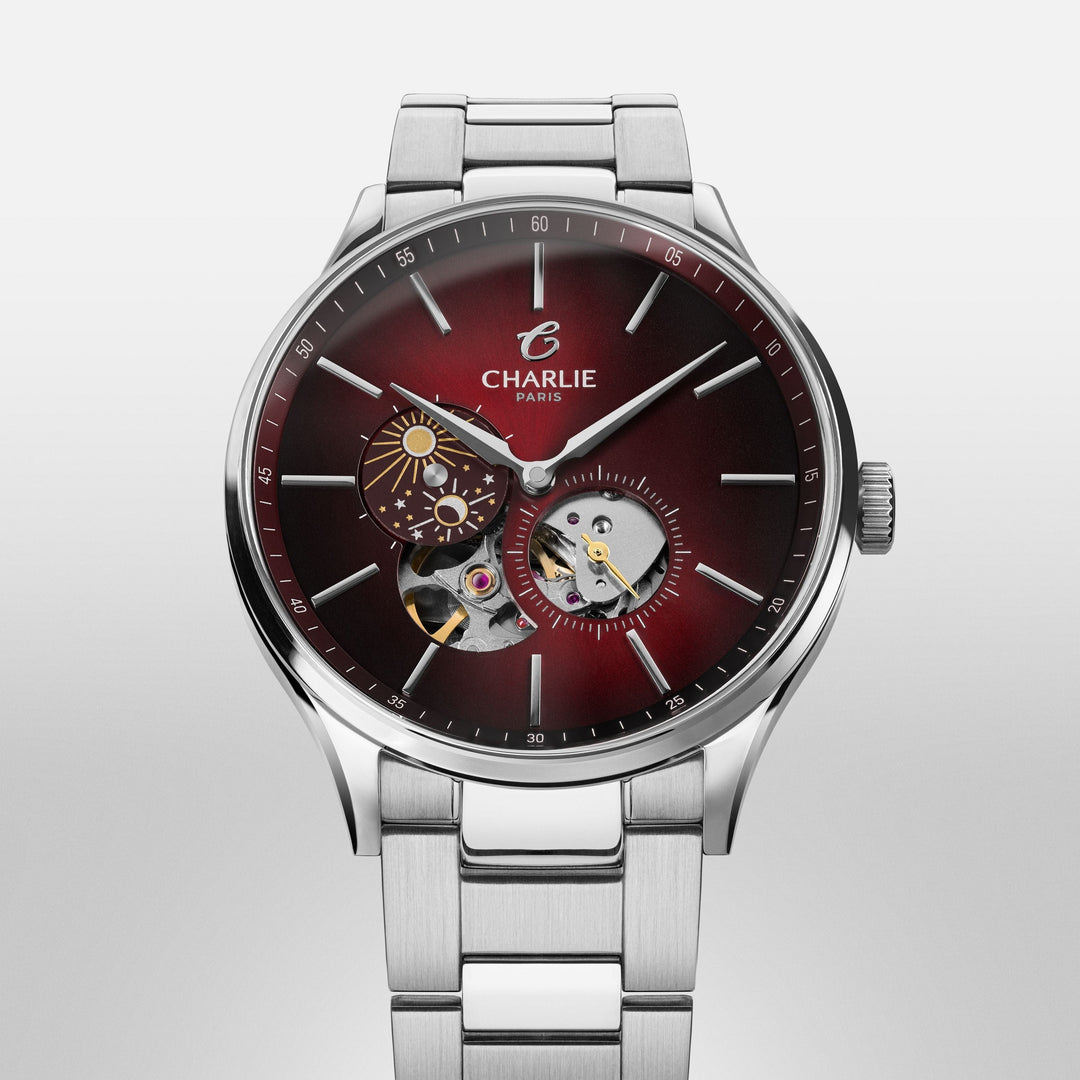 Montre Charlie Paris INITIAL Open Heart Jour/Nuit Bordeaux 40 mm en acier inoxydable Charlie Paris Montre Montre Charlie Paris INITIAL Open Heart Jour/Nuit - Bordeaux 40 mm | Dépositaire Officiel Canada | Mathieu Blanchard Joaillerie Mathieu Blanchard Joaillerie