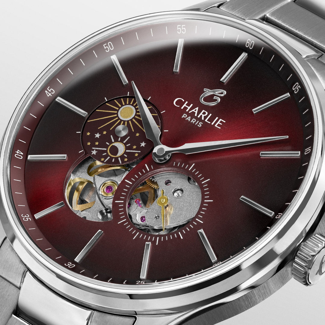 Montre Charlie Paris INITIAL Open Heart Jour/Nuit Bordeaux 40 mm en acier inoxydable Charlie Paris Montre Montre Charlie Paris INITIAL Open Heart Jour/Nuit - Bordeaux 40 mm | Dépositaire Officiel Canada | Mathieu Blanchard Joaillerie Mathieu Blanchard Joaillerie