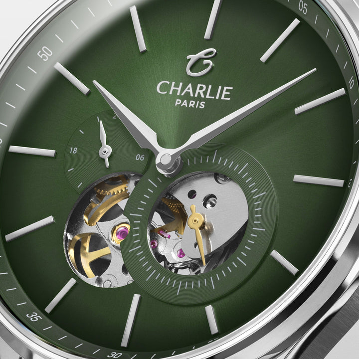 Montre Charlie Paris INITIAL Open Heart Sauge 40 mm en acier inoxydable Charlie Paris Montre Montre Charlie Paris INITIAL Open Heart - Sauge 40 mm | Dépositaire Officiel Canada | Mathieu Blanchard Joaillerie Mathieu Blanchard Joaillerie