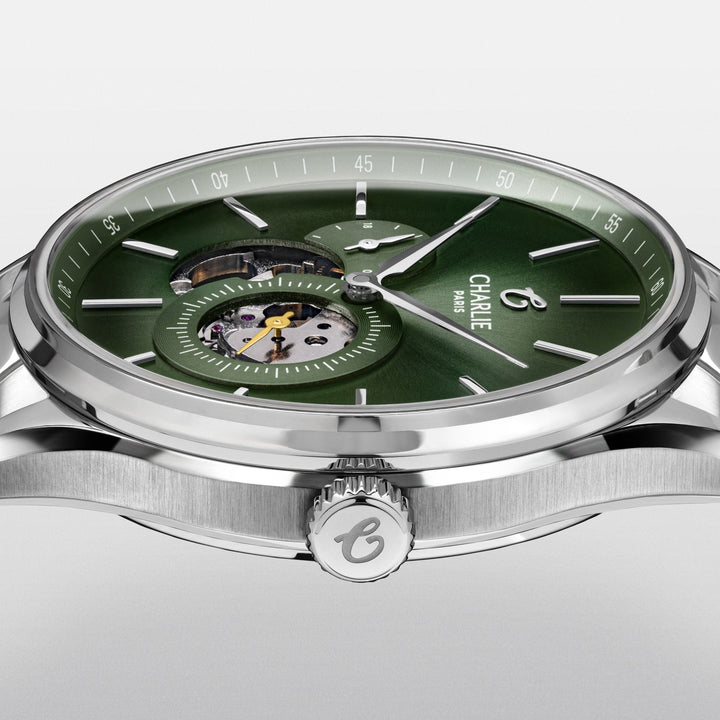 Montre Charlie Paris INITIAL Open Heart Sauge 40 mm en acier inoxydable Charlie Paris Montre Montre Charlie Paris INITIAL Open Heart - Sauge 40 mm | Dépositaire Officiel Canada | Mathieu Blanchard Joaillerie Mathieu Blanchard Joaillerie