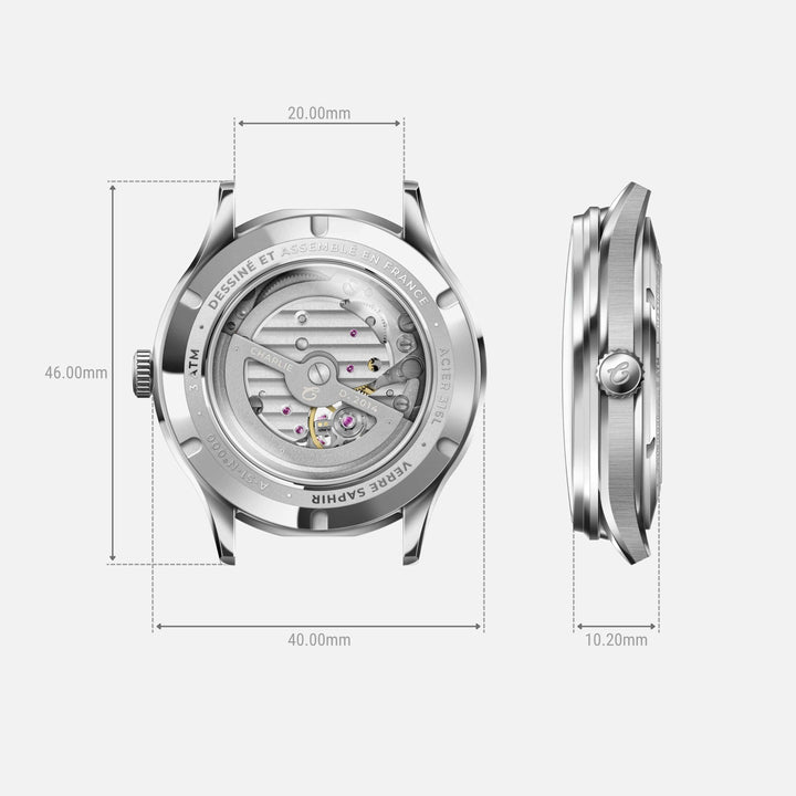 Montre Charlie Paris INITIAL Open Heart Sauge 40 mm en acier inoxydable Charlie Paris Montre Montre Charlie Paris INITIAL Open Heart - Sauge 40 mm | Dépositaire Officiel Canada | Mathieu Blanchard Joaillerie Mathieu Blanchard Joaillerie