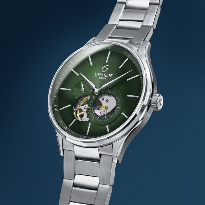 Montre Charlie Paris INITIAL Open Heart Sauge 40 mm en acier inoxydable Charlie Paris Montre Montre Charlie Paris INITIAL Open Heart - Sauge 40 mm | Dépositaire Officiel Canada | Mathieu Blanchard Joaillerie Mathieu Blanchard Joaillerie