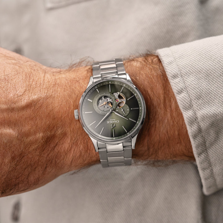 Montre Charlie Paris INITIAL Open Heart Sauge 40 mm en acier inoxydable Charlie Paris Montre Montre Charlie Paris INITIAL Open Heart - Sauge 40 mm | Dépositaire Officiel Canada | Mathieu Blanchard Joaillerie Mathieu Blanchard Joaillerie