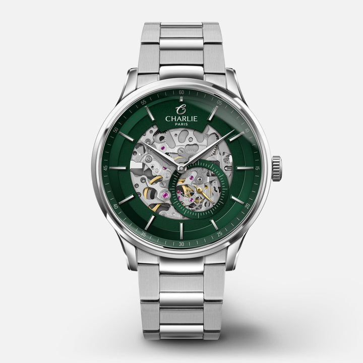 Montre Charlie Paris INITIAL Squelette Vert 40 mm en acier inoxydable Charlie Paris Montre 3-link stainless steel / Acier inoxydable ISQ-40-024 / B-ICO / m-ICO Montre Charlie Paris INITIAL Squelette - Vert 40 mm | Dépositaire Officiel Canada | Mathieu Blanchard Joaillerie Mathieu Blanchard Joaillerie