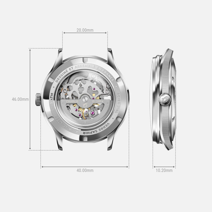 Montre Charlie Paris INITIAL Squelette Vert 40 mm en acier inoxydable Charlie Paris Montre Montre Charlie Paris INITIAL Squelette - Vert 40 mm | Dépositaire Officiel Canada | Mathieu Blanchard Joaillerie Mathieu Blanchard Joaillerie