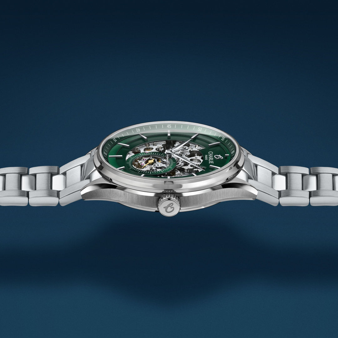 Montre Charlie Paris INITIAL Squelette Vert 40 mm en acier inoxydable Charlie Paris Montre Montre Charlie Paris INITIAL Squelette - Vert 40 mm | Dépositaire Officiel Canada | Mathieu Blanchard Joaillerie Mathieu Blanchard Joaillerie