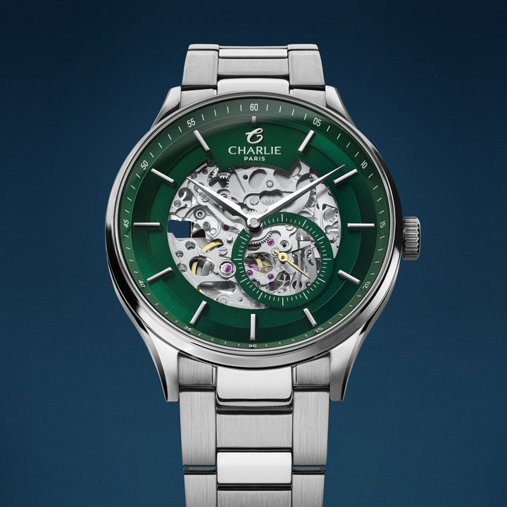 Montre Charlie Paris INITIAL Squelette Vert 40 mm en acier inoxydable Charlie Paris Montre Montre Charlie Paris INITIAL Squelette - Vert 40 mm | Dépositaire Officiel Canada | Mathieu Blanchard Joaillerie Mathieu Blanchard Joaillerie