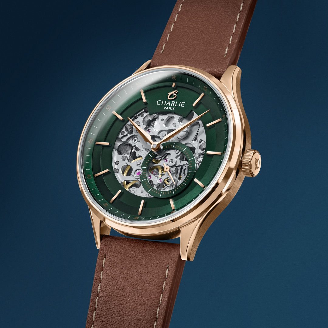 Charlie Paris Montre Montre Charlie Paris INITIAL Squelette - Vert &amp;  Or Rosé 40 mm