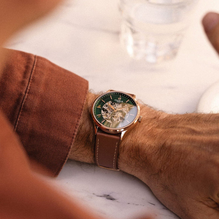 Montre Charlie Paris INITIAL Squelette Vert &amp;Rosé 40 mm en acier inoxydable Charlie Paris Montre Montre Charlie Paris INITIAL Squelette - Vert &amp;  Or Rosé 40 mm | Dépositaire Officiel Canada | Mathieu Blanchard Joaillerie Mathieu Blanchard Joaillerie