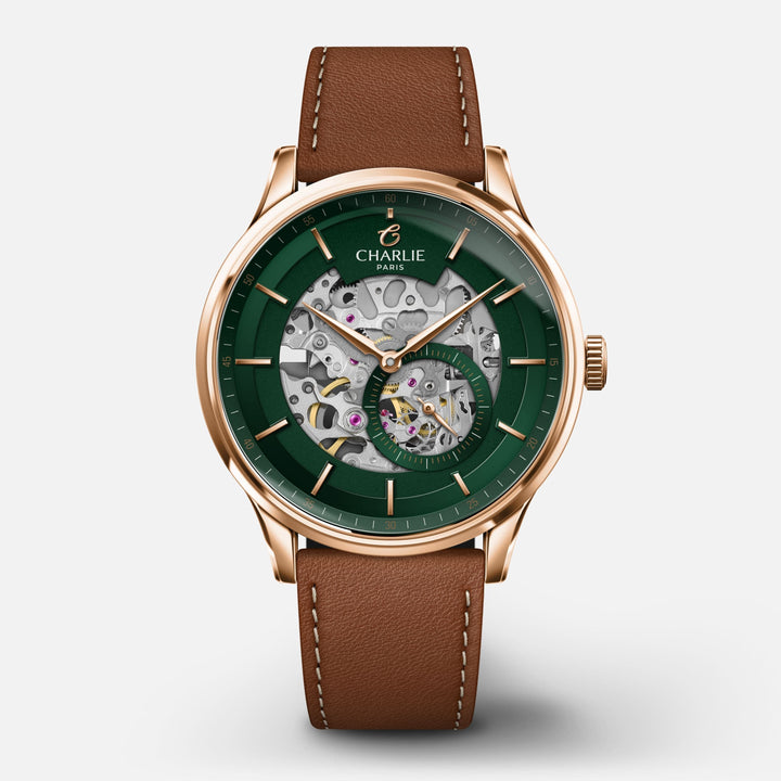 Montre Charlie Paris INITIAL Squelette Vert &amp;Rosé 40 mm en acier inoxydable Charlie Paris Montre Cuir brun / Acier inoxydable ISQ-40-020 / B20-101-B Montre Charlie Paris INITIAL Squelette - Vert &amp;  Or Rosé 40 mm | Dépositaire Officiel Canada | Mathieu Blanchard Joaillerie Mathieu Blanchard Joaillerie