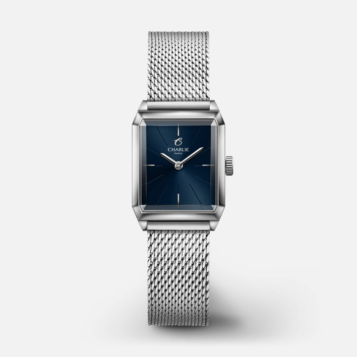 Montre Charlie Paris MONCEAU &amp; Bleu 36 mm en acier inoxydable Charlie Paris Montre Maille milanaise / Acier inoxydable MON-21-006 / B14-M-A Montre Charlie Paris MONCEAU Acier &amp; Bleu 36 mm | Dépositaire Officiel Canada | Mathieu Blanchard Joaillerie Mathieu Blanchard Joaillerie