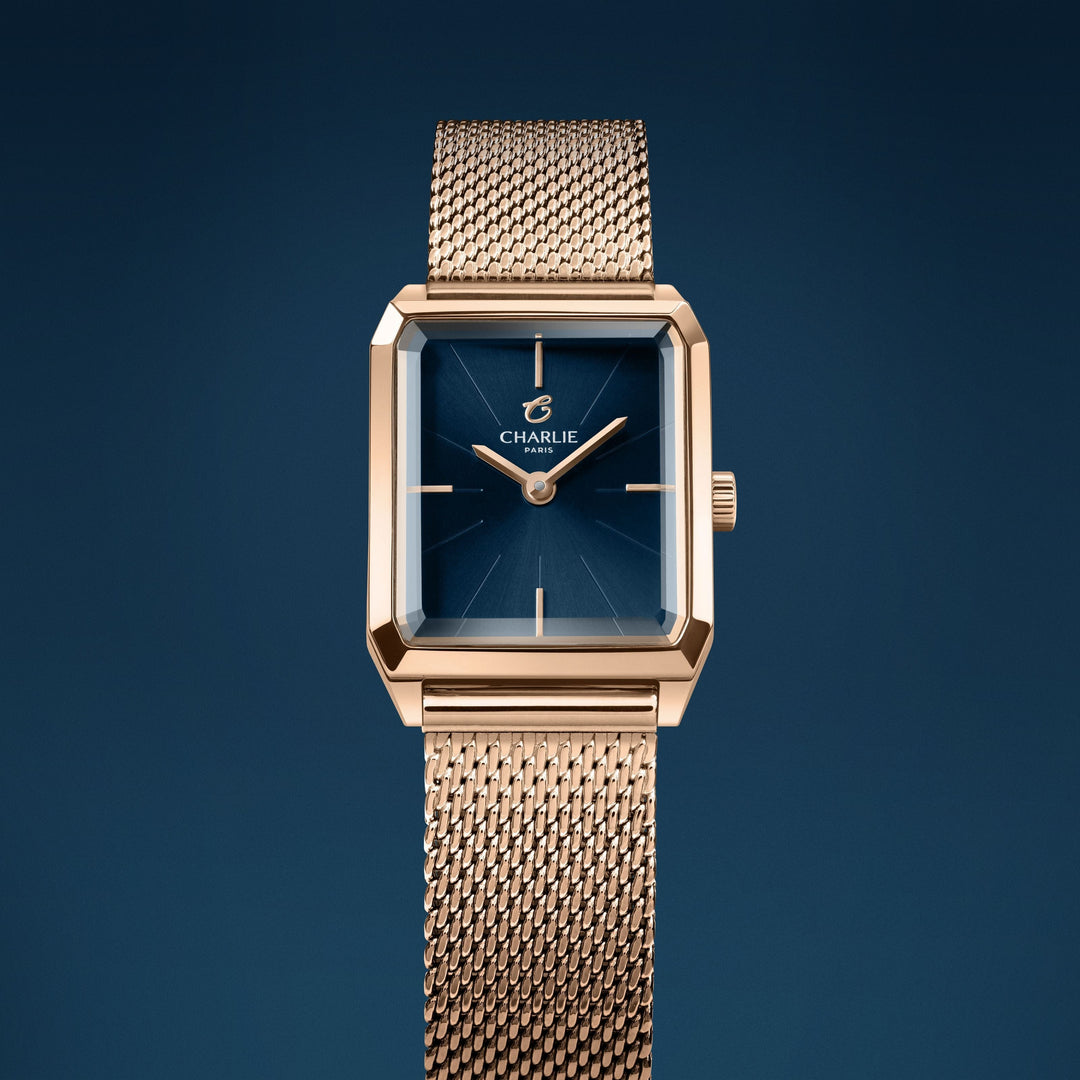 Montre Charlie Paris MONCEAURosé &amp; Bleu 36 mm en acier inoxydable Charlie Paris Montre Montre Charlie Paris MONCEAU Or Rosé &amp; Bleu 36 mm | Dépositaire Officiel Canada | Mathieu Blanchard Joaillerie Mathieu Blanchard Joaillerie