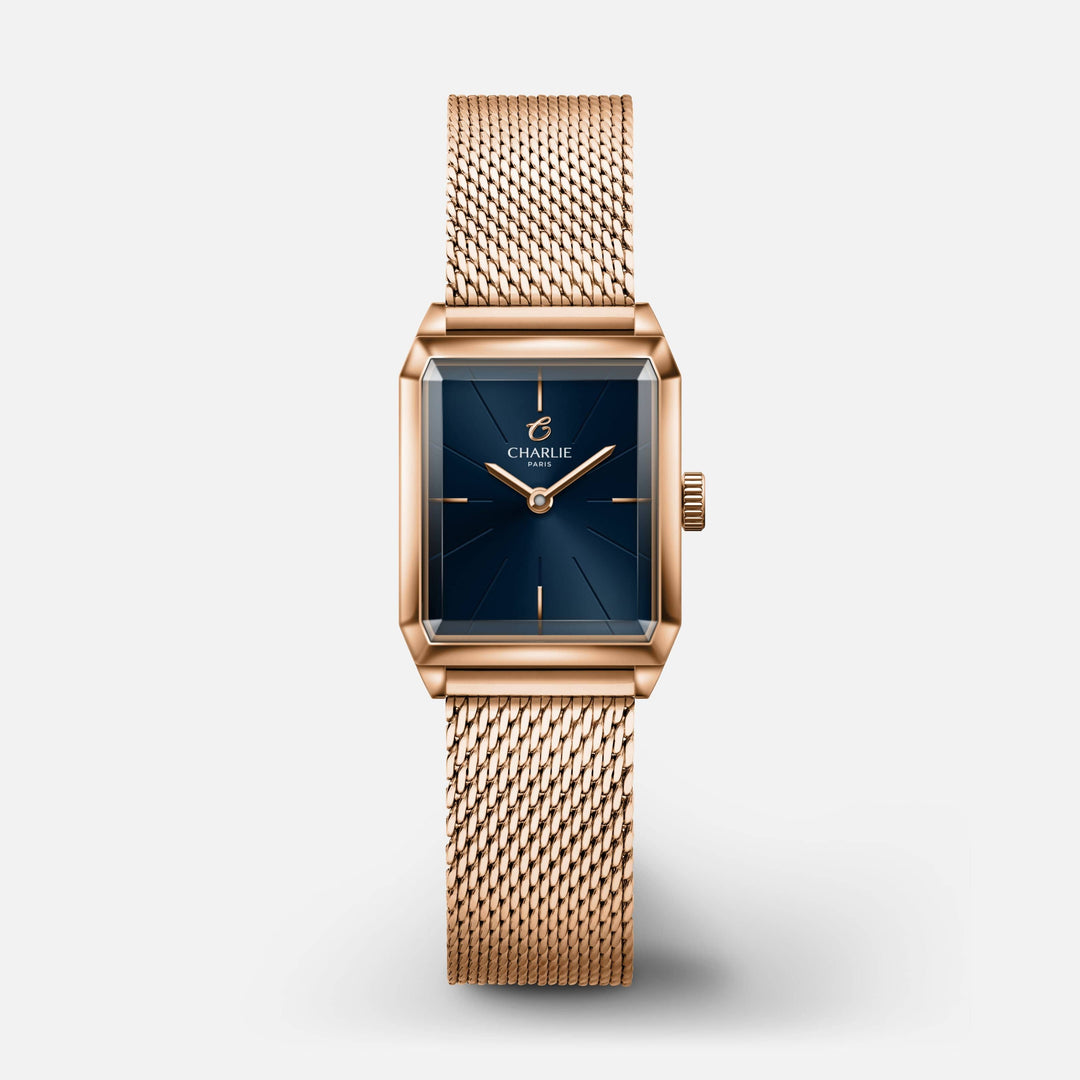 Montre Charlie Paris MONCEAURosé & Bleu 36 mm en acier inoxydable Charlie Paris Montre Maille milanaise / Acier inoxydable MON-21-002 / B14-M-B Montre Charlie Paris MONCEAU Or Rosé & Bleu 36 mm | Dépositaire Officiel Canada | Mathieu Blanchard Joaillerie Mathieu Blanchard Joaillerie