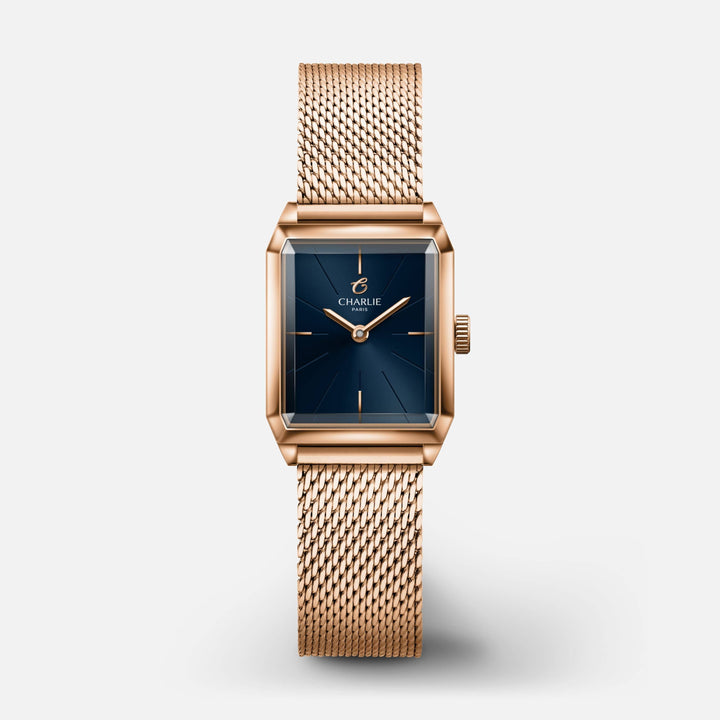 Montre Charlie Paris MONCEAURosé &amp; Bleu 36 mm en acier inoxydable Charlie Paris Montre Maille milanaise / Acier inoxydable MON-21-002 / B14-M-B Montre Charlie Paris MONCEAU Or Rosé &amp; Bleu 36 mm | Dépositaire Officiel Canada | Mathieu Blanchard Joaillerie Mathieu Blanchard Joaillerie